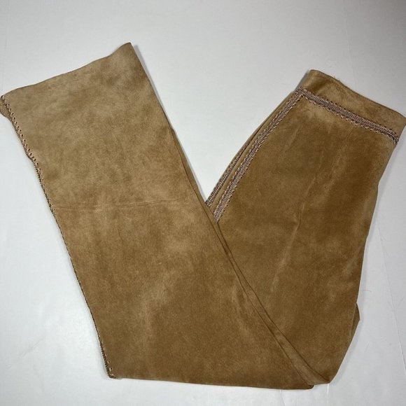 Betty Barclay Leather Suede Pant Trousers Womens US 10 Camel Tan Crochet Sides - Picture 11 of 12